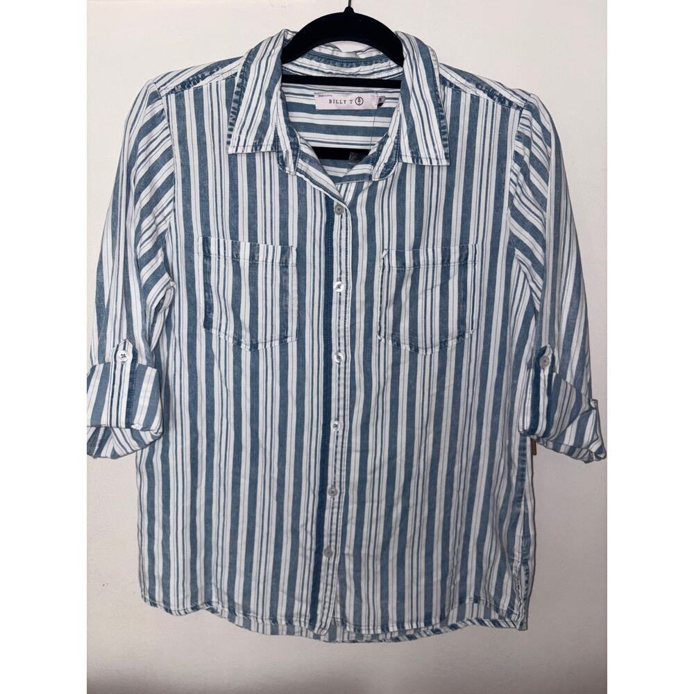 New Billy T Striped Button Down Long Sleeve Shirt Top Blue White Chambray Sz SP